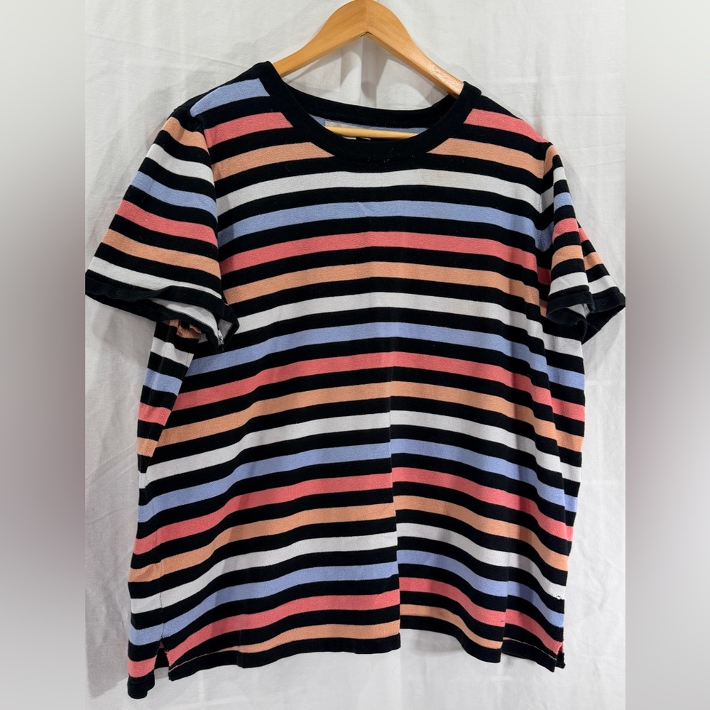 Woman Within Black Multi-Striped Crew Neck Top
